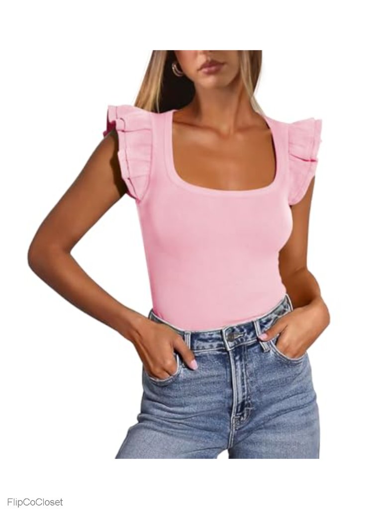 Sleeveless Square Neck Ruffle Tank Top Ribbed Knit Slim Fit Summer